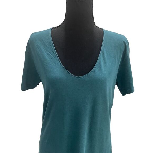 ZARA Cotton V-Neck T-Shirt Teal Short Sleeve Curved Hem Unisex Adult Size M - Picture 4 of 8